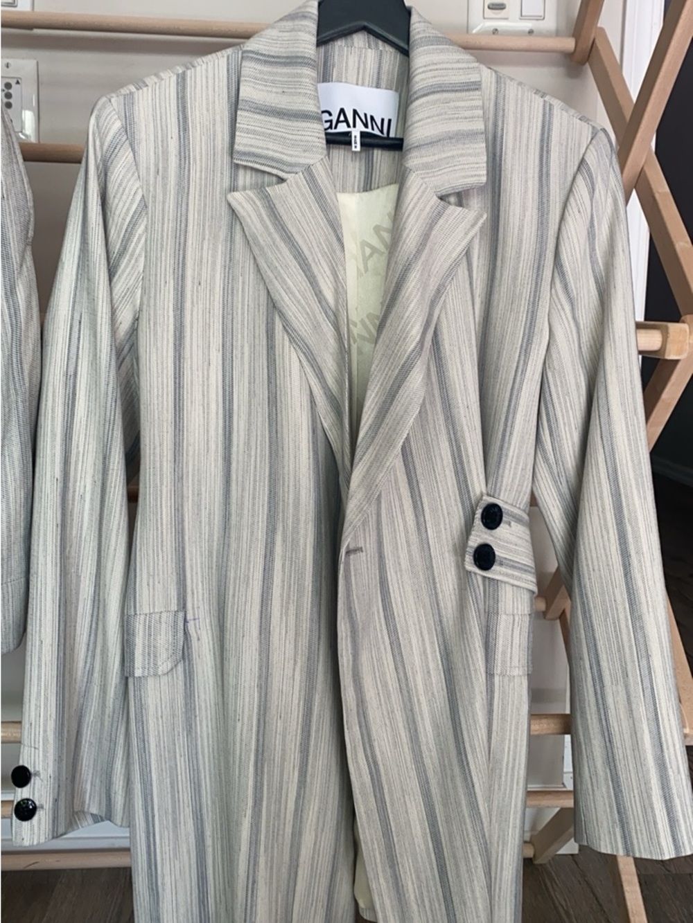 Ganni Striped Linen Blazer + Shorts Suit Set Size 36